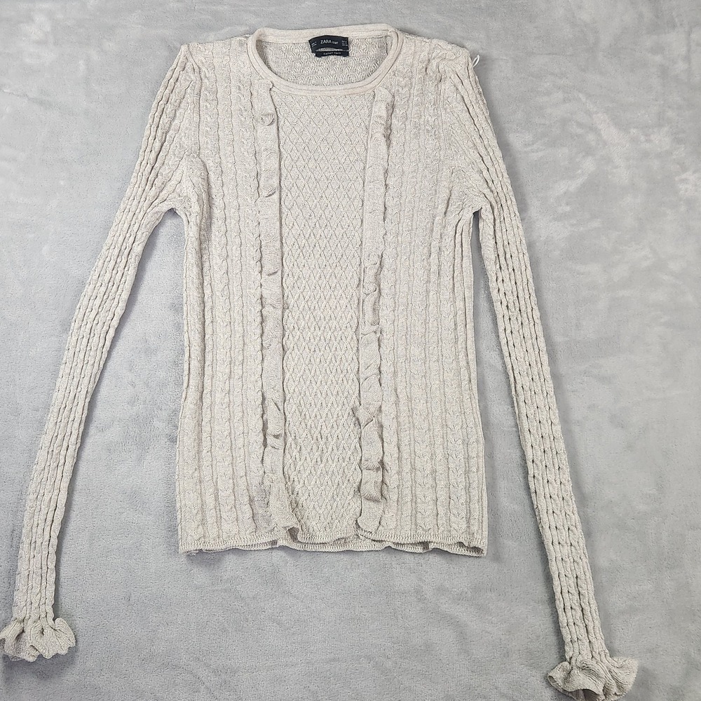 Zara Gray Ruffle Cable Knit Sweater Cottagecore Medium Coquette Lightweight